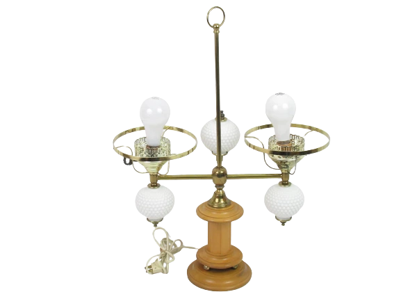 VTG.Brass And Hobnail Milk Glass Globe Double Arm Desk Table Lamp With Wood Base