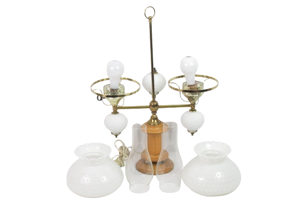 VTG.Brass And Hobnail Milk Glass Globe Double Arm Desk Table Lamp With Wood Base