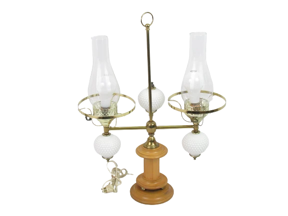 VTG.Brass And Hobnail Milk Glass Globe Double Arm Desk Table Lamp With Wood Base