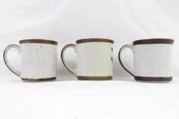 Lot of 3 Stoneware Coffee Mugs Gray Brown Speckles And Trim Floral Pattern