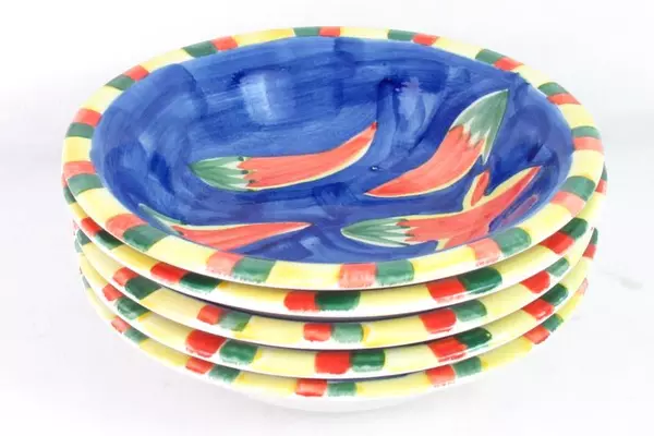 Lot of 5 Blue Chili Peppers Soup Or Cereal Bowls Hand Painted Emerald Collection