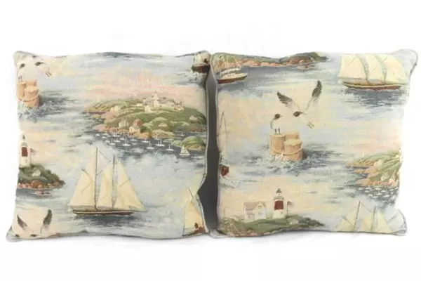 Lot of 2 Throw Pillows Nautical Theme Canvas Fabric Boats Lighthouses Coast Sea