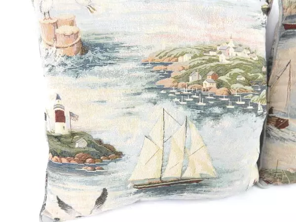Lot of 2 Throw Pillows Nautical Theme Canvas Fabric Boats Lighthouses Coast Sea