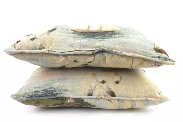 Lot of 2 Throw Pillows Nautical Theme Canvas Fabric Boats Lighthouses Coast Sea