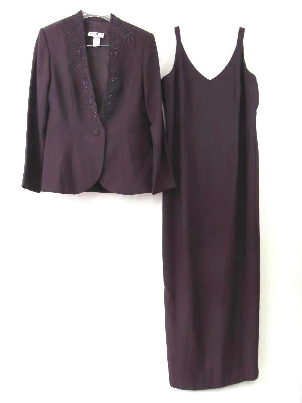 Karen Miller Dress Jacket Set Formal Eggplant Embroidery Beading Women's 10