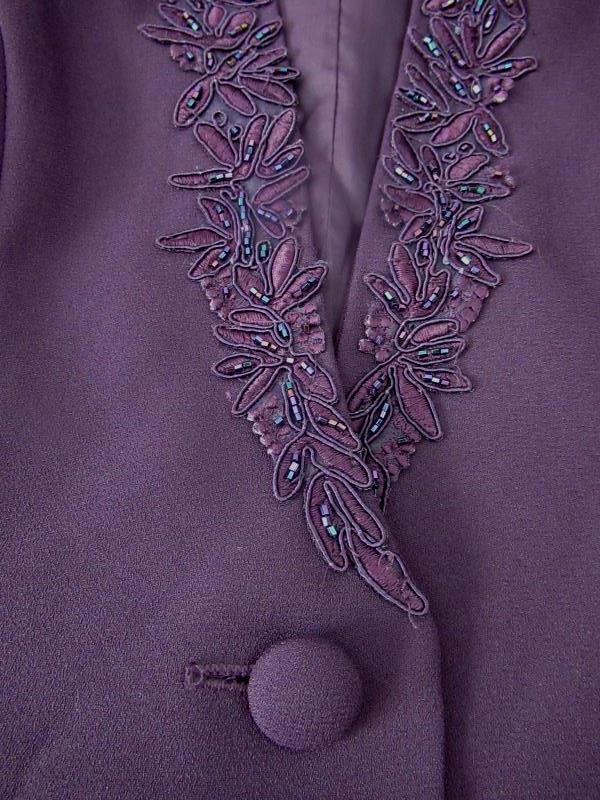 Karen Miller Dress Jacket Set Formal Eggplant Embroidery Beading Women's 10
