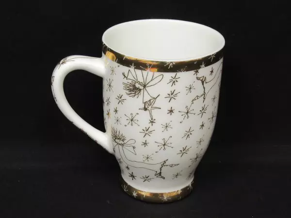 Crabtree & Evelyn Bone China Cup Mug Gold Toned White Angels Stars Snow 2004