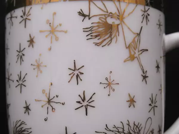 Crabtree & Evelyn Bone China Cup Mug Gold Toned White Angels Stars Snow 2004
