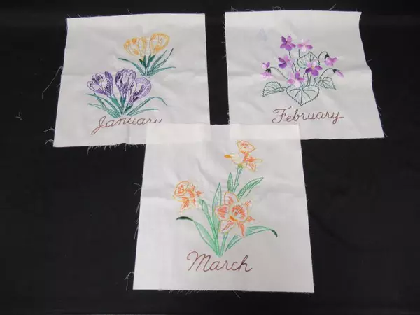 Set of 12 Unfinished Embroidered Squares Months Of The Year Flowers 12" x 12"