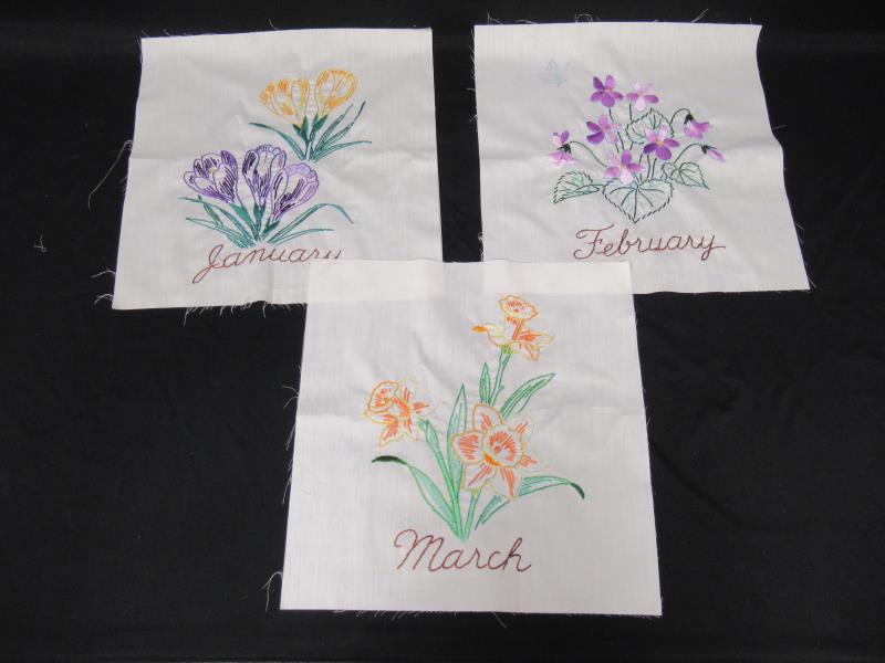Set of 12 Unfinished Embroidered Squares Months Of The Year Flowers 12" x 12"