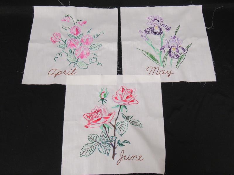 Set of 12 Unfinished Embroidered Squares Months Of The Year Flowers 12" x 12"