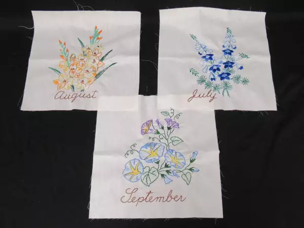Set of 12 Unfinished Embroidered Squares Months Of The Year Flowers 12" x 12"