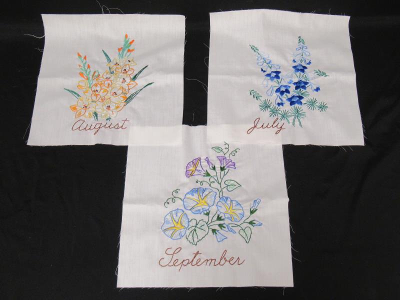 Set of 12 Unfinished Embroidered Squares Months Of The Year Flowers 12" x 12"
