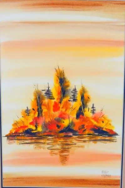 Signed Marge Stephan Watercolor Painting Of A Forested Island Unframed