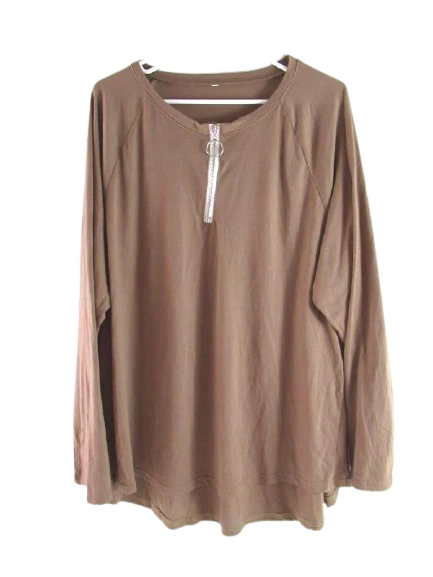 Women's Taupe Long Sleeve Jersey Knit Top With Zipper Neckline Size 6XL