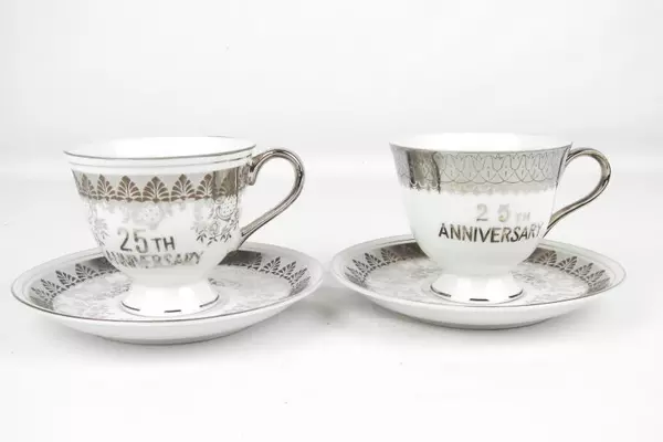 Lot of 2 Norcrest Fine China Tea Cups and Saucers 25th Anniversary