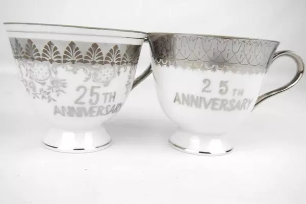Lot of 2 Norcrest Fine China Tea Cups and Saucers 25th Anniversary