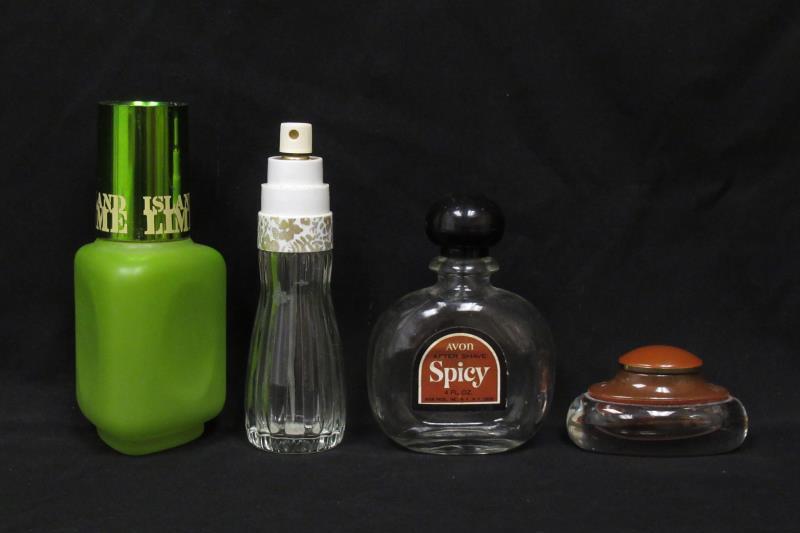 Lot of 4 Vtg Empty Cologne Bottles Avon Island Lime Spicy Cotillion CK Obsession