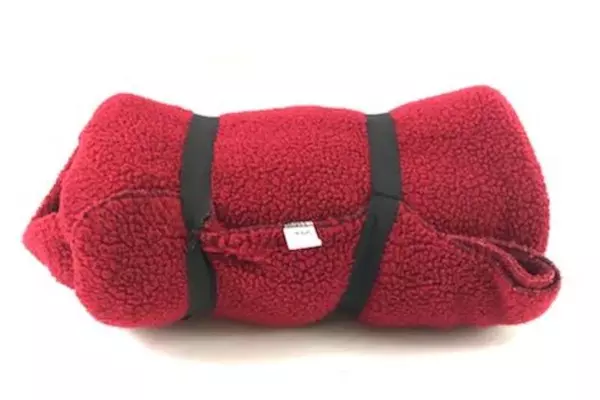 Vintage World Famous Sports Red Fleece Travel Blanket Roll Up Elastic Straps
