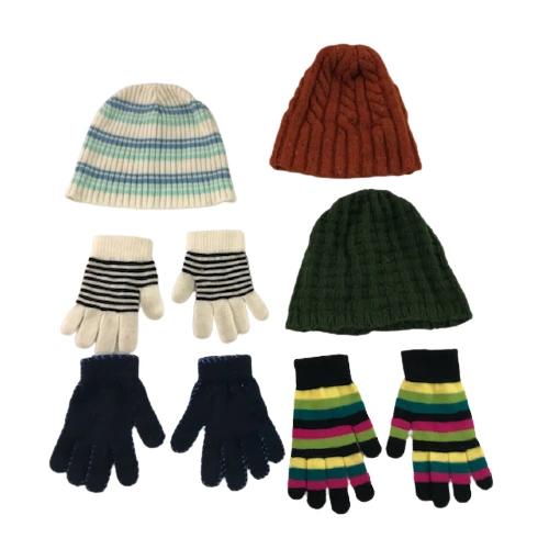 Lot of 6 Girl's Winter Accessories Beanies Hats Caps Gloves Knit Crochet Striped