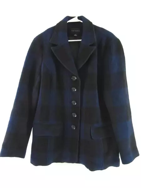 Tribal Brand Wool Blend Coat Women's Size 12 Blue Black Checkered Plaid Pockets