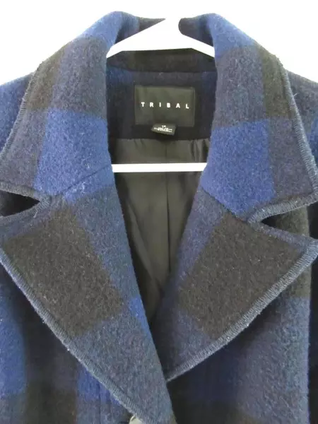 Tribal Brand Wool Blend Coat Women's Size 12 Blue Black Checkered Plaid Pockets