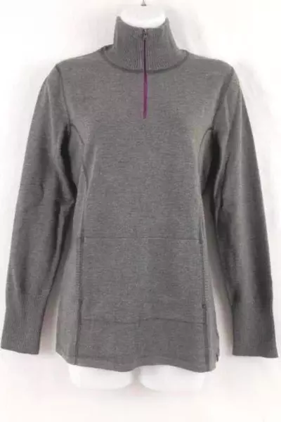 Eddie Bauer 1/4 Zip Pull Over Sweater Women's Size Med Grey Kangaroo Pocket Knit