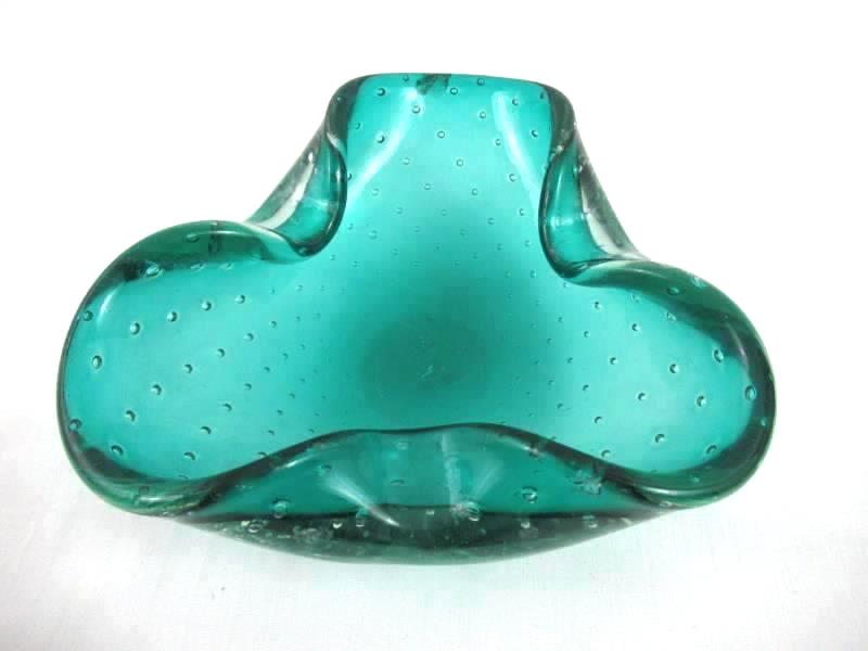 Hand Blow Art Glass Trinket Dish or Ashtray Emerald Green Air Bubbles Decorative