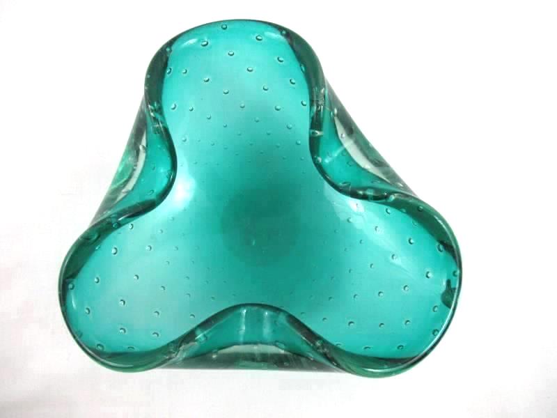 Hand Blow Art Glass Trinket Dish or Ashtray Emerald Green Air Bubbles Decorative