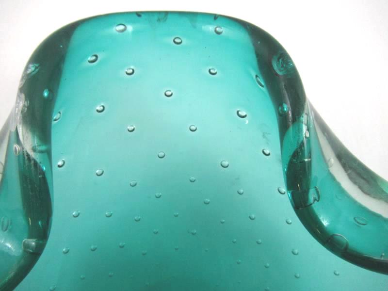 Hand Blow Art Glass Trinket Dish or Ashtray Emerald Green Air Bubbles Decorative