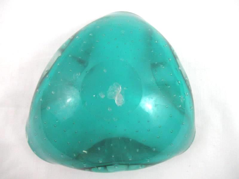 Hand Blow Art Glass Trinket Dish or Ashtray Emerald Green Air Bubbles Decorative