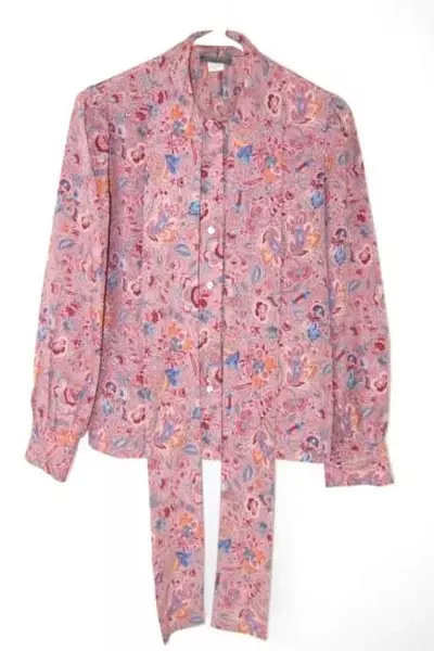 Vintage Matson Blouse Button Up Pink Floral Design Tie Collar Women's Size 4