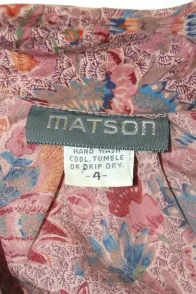 Vintage Matson Blouse Button Up Pink Floral Design Tie Collar Women's Size 4