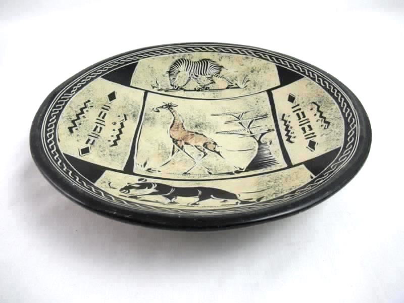 Ceramic Bowl With Etched African Animal Panels 10" Black Cream Artisan