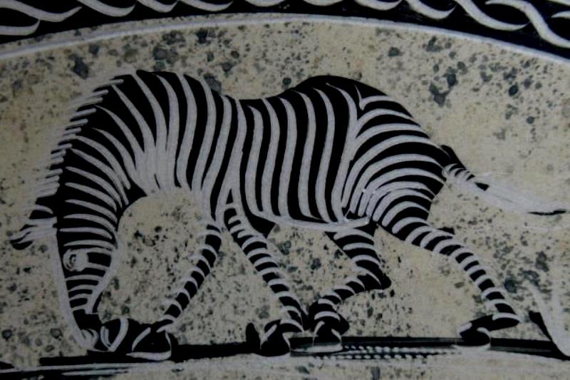 Ceramic Bowl With Etched African Animal Panels 10" Black Cream Artisan