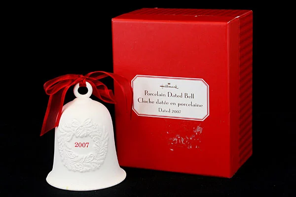 2007 Hallmark White Porcelain Dated Holiday Bell in Original Box