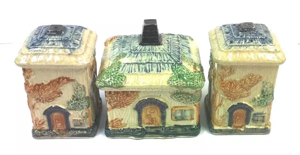 Set of Vintage Porcelain Cottage Salt And Pepper Shakers Matching Sugar Bowl