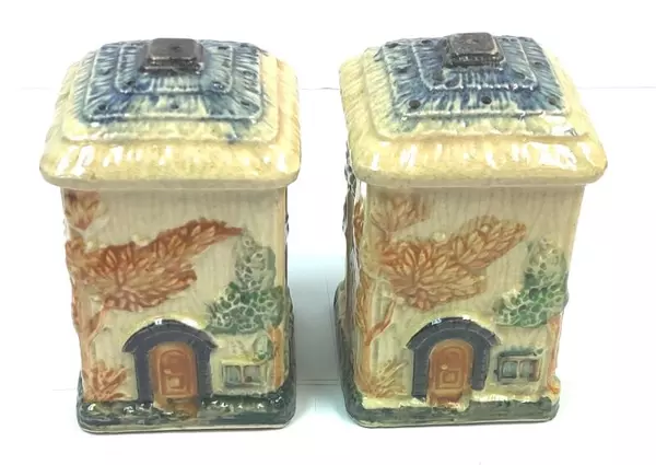 Set of Vintage Porcelain Cottage Salt And Pepper Shakers Matching Sugar Bowl