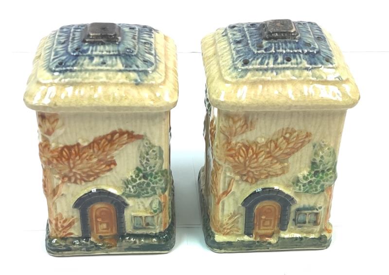 Set of Vintage Porcelain Cottage Salt And Pepper Shakers Matching Sugar Bowl