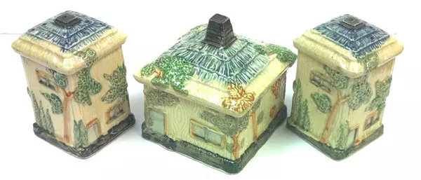 Set of Vintage Porcelain Cottage Salt And Pepper Shakers Matching Sugar Bowl