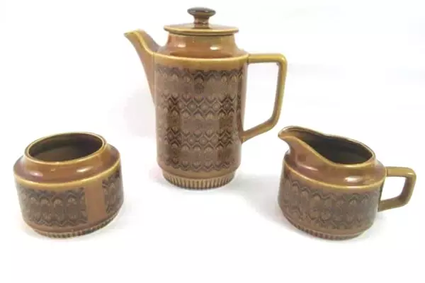 Ceramic Teapot Creamer Sugar Bowl Made In Japan Brown Diamonds Circle Flowers