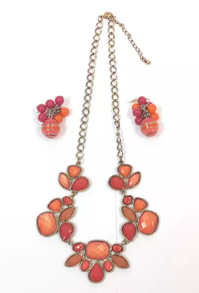 Orange Glass Bead Choker Necklace Floral Settings Pierced Orange Bead Earrings