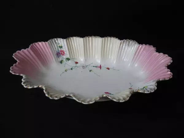 Vintage Oval Porcelain Bowl Pink White Scalloped Edge Morning Glories