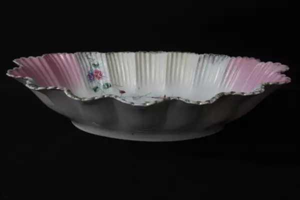 Vintage Oval Porcelain Bowl Pink White Scalloped Edge Morning Glories