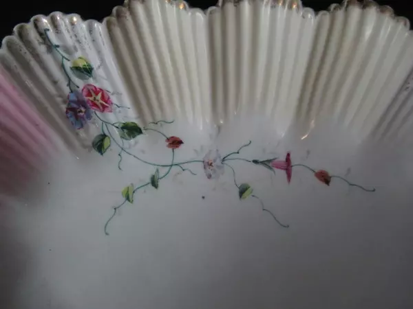 Vintage Oval Porcelain Bowl Pink White Scalloped Edge Morning Glories