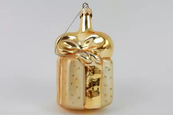 Vintage Gift Box Present Blown Glass Ornament Poland Gold Colored