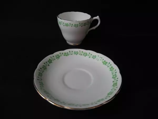 Vintage English Castle Bone China Cup and Saucer White Green Ivy Gold Gild