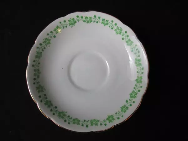 Vintage English Castle Bone China Cup and Saucer White Green Ivy Gold Gild