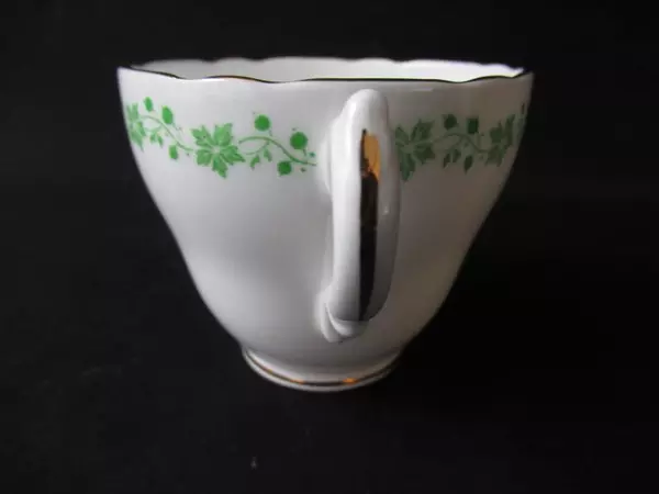 Vintage English Castle Bone China Cup and Saucer White Green Ivy Gold Gild
