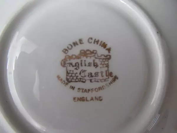 Vintage English Castle Bone China Cup and Saucer White Green Ivy Gold Gild